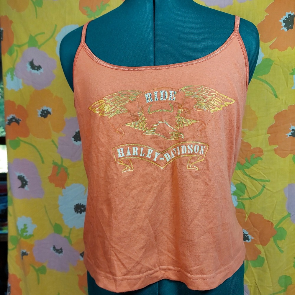 Vintage 2004 Harley Davidson Orange Glitter Eagle Cami Tank Top Built-in Bra XL